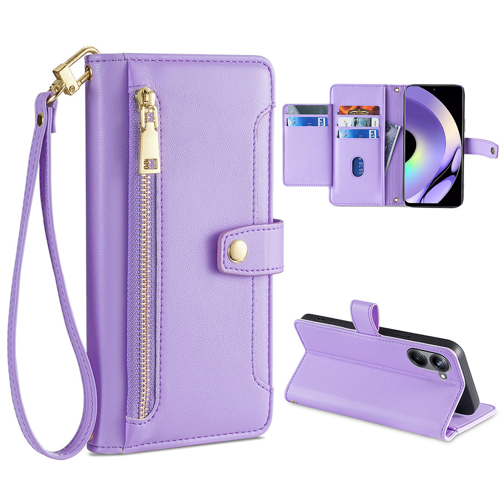 For Realme 10 Pro 5G Zipper Pocket PU Leather Stand Case Card Slots Collision Proof Flip Phone Cover with Wrist Strap and Shoulder Strap For Realme 10 Pro 5G Zipper Pocket PU Leather Stand Case Card Slots Collision Proof Flip Phone Cover with Wrist Strap and Shoulder Strap